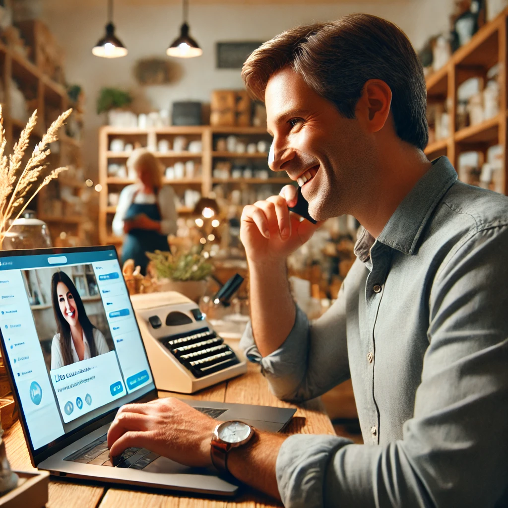 A man calliing and talking to a girl on laptop